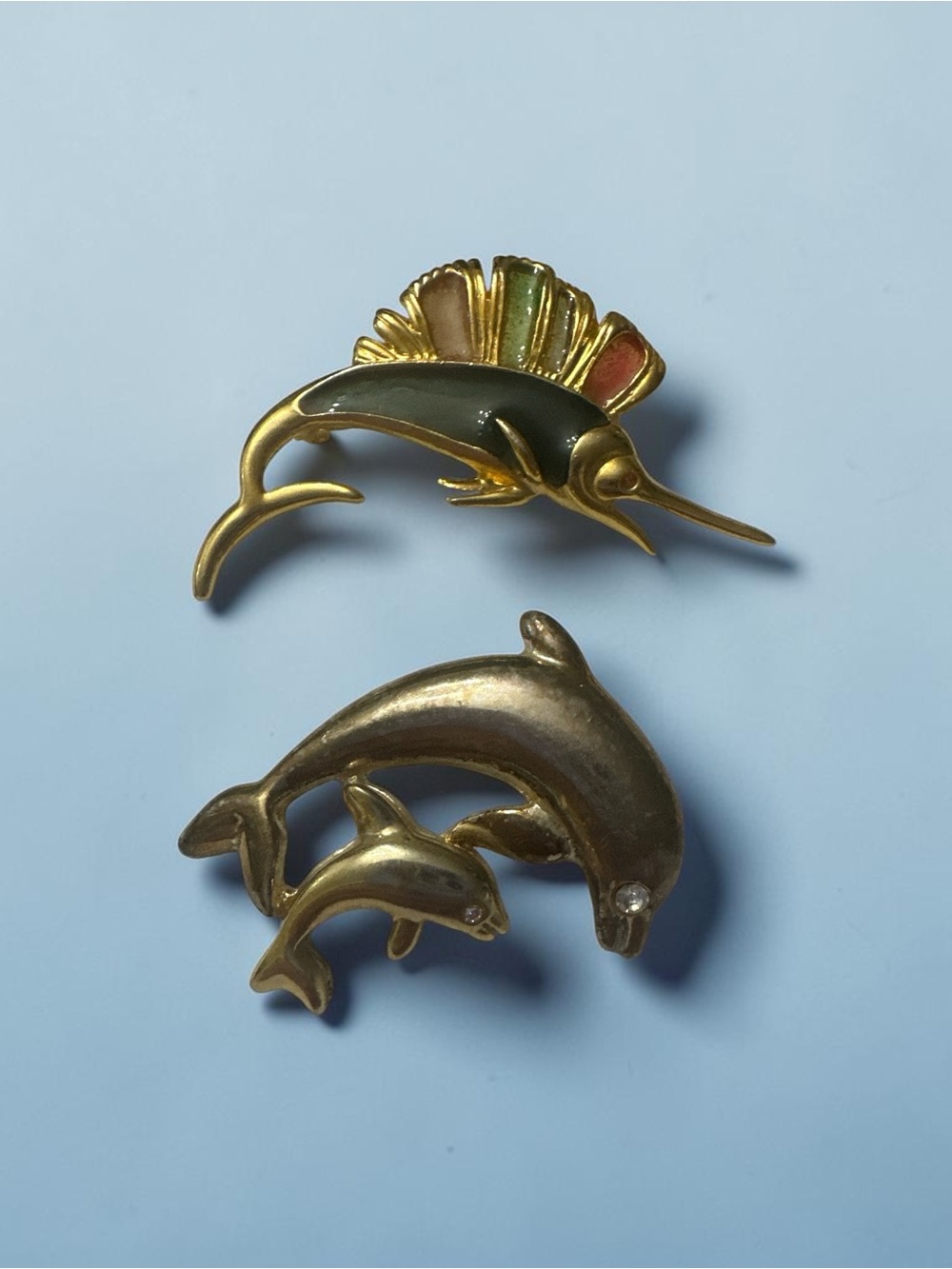 Gold Tone Sailfish and Dolphin Brooch Set - Gold with Multi Accent